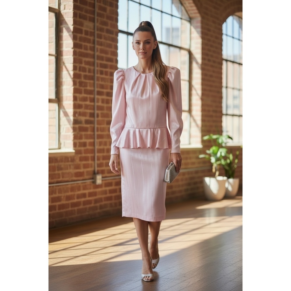 VTG 80s Pea Patch New York Pink Satin‎ Peplum Dress Long Sleeve SZ 3  Party Gown